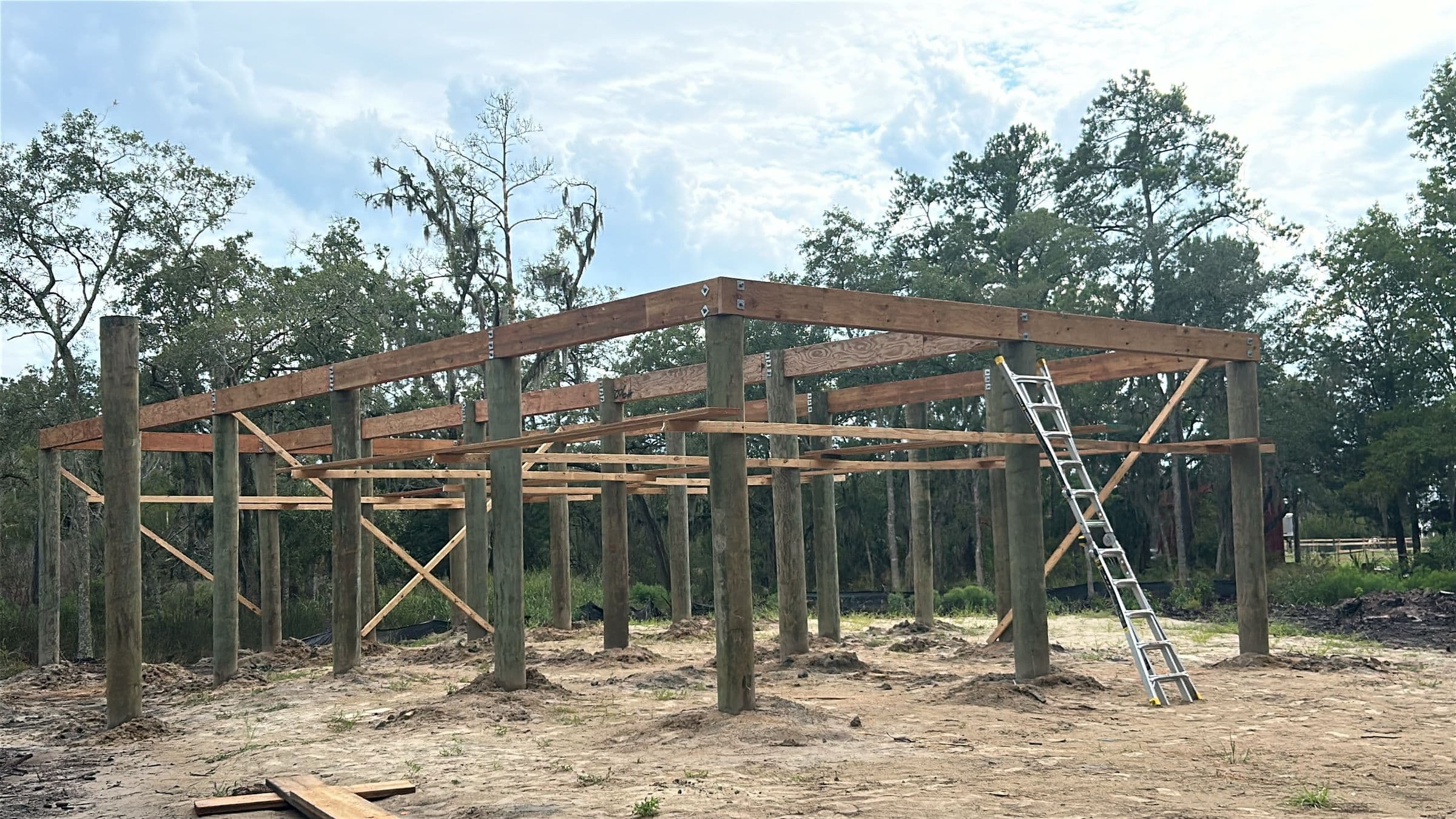 Timber pavilion frame going up on site